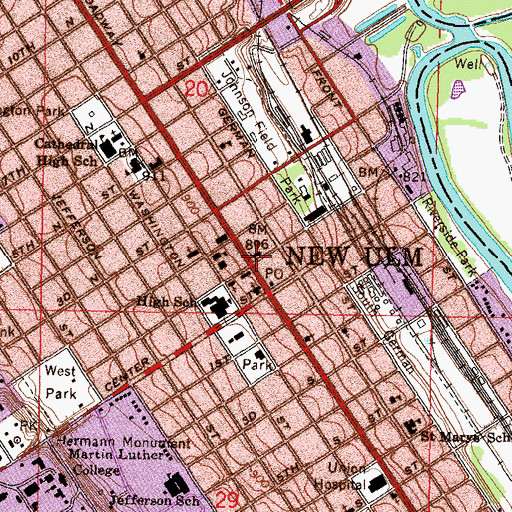 Topographic Map of New Ulm City Hall, MN