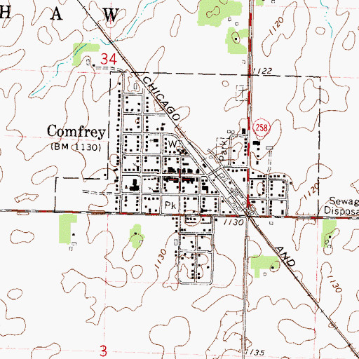 Topographic Map of Comfrey Post Office, MN