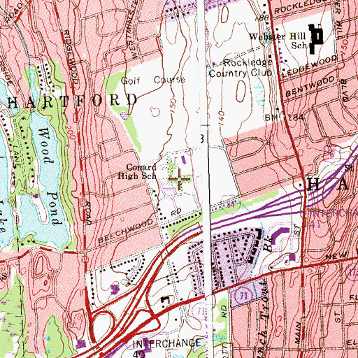 Topographic Map of Frederick U Conrad High School, CT