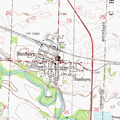 Topographic Map of Sanborn Post Office, MN