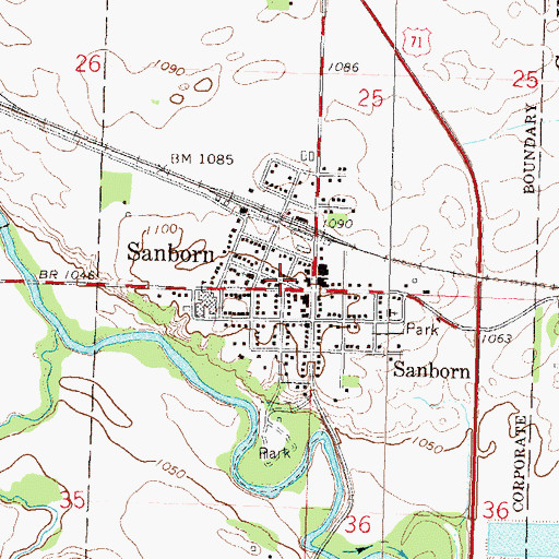 Topographic Map of Sanborn Town Hall, MN