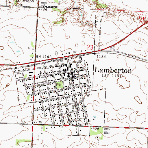 Topographic Map of Lamberton Post Office, MN