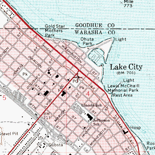 Topographic Map of Lake City Post Office, MN