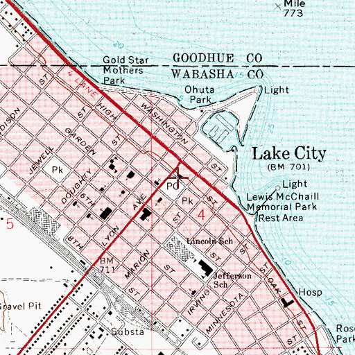 Topographic Map of Lake City Post Office, MN