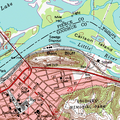Topographic Map of Barn Bluff Park, MN