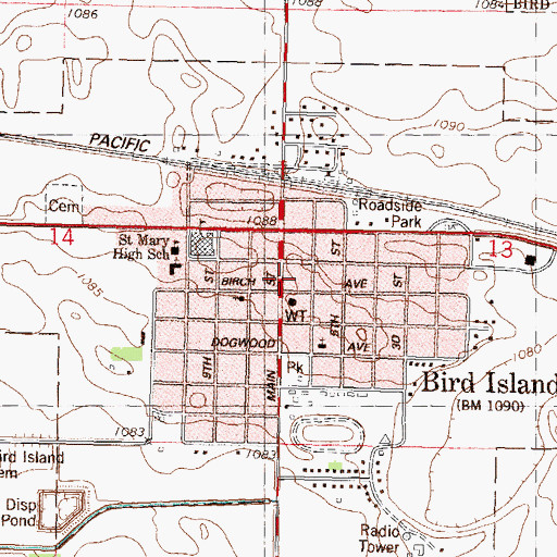 Topographic Map of Bird Island Village Library, MN