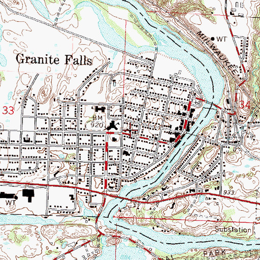 Topographic Map of Granite Falls Lutheran Church, MN