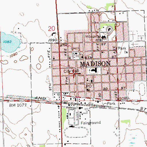 Topographic Map of Madison Public Library, MN