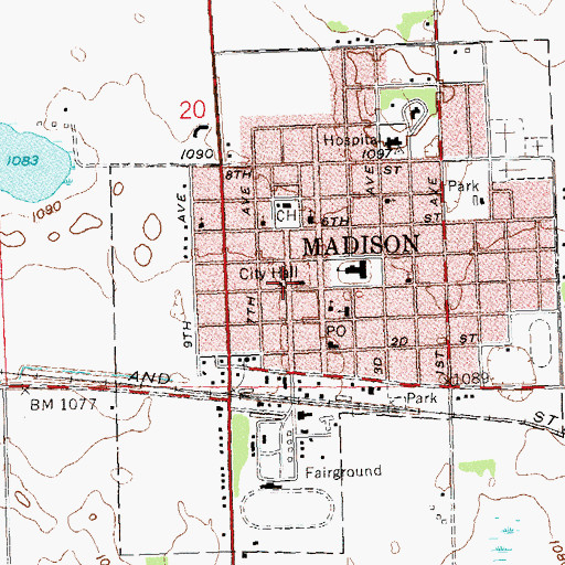 Topographic Map of Madison City Hall, MN