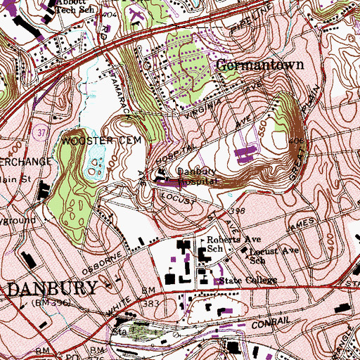 Topographic Map of Danbury Hospital, CT