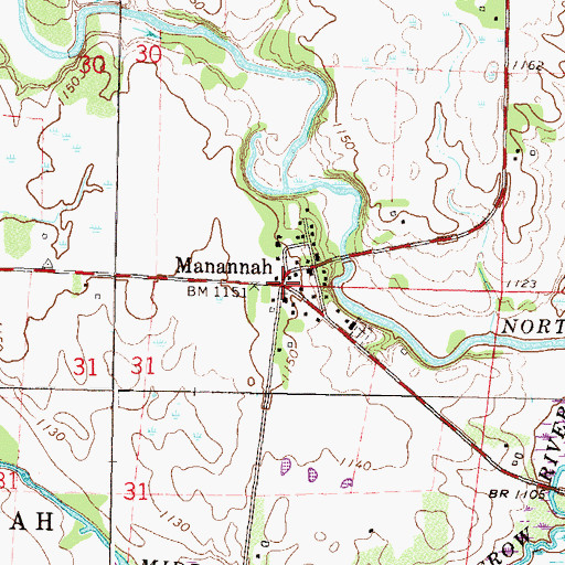 Topographic Map of Mananah Post Office (historical), MN