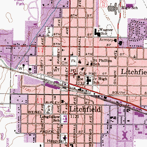 Topographic Map of Litchfield Post Office, MN