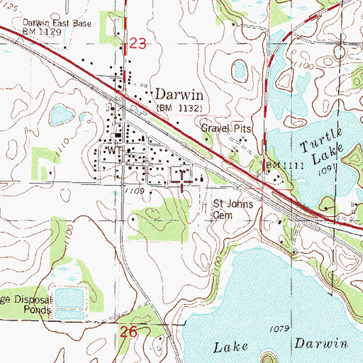 Topographic Map of Darwin City and Township Hall, MN