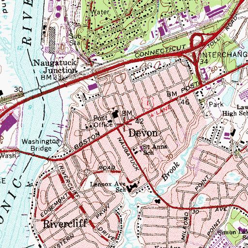 Topographic Map of Devon, CT