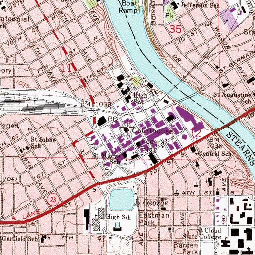 Topographic Map of Stearns County Courthouse, MN
