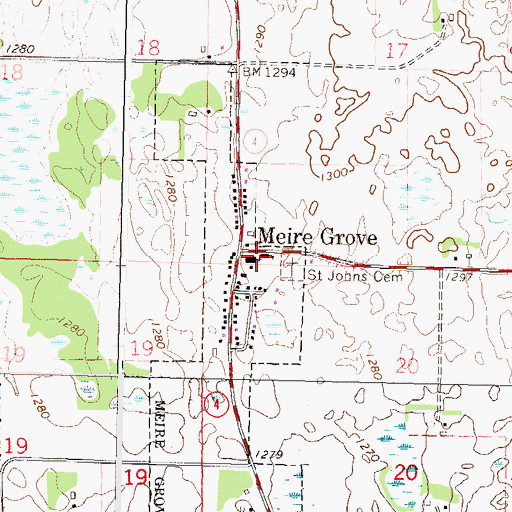 Topographic Map of Meire Grove City Hall, MN