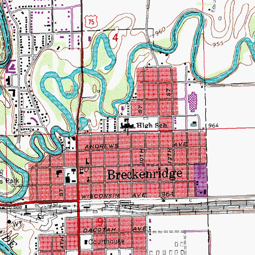 Topographic Map of Breckenridge Elementary and Middle School, MN
