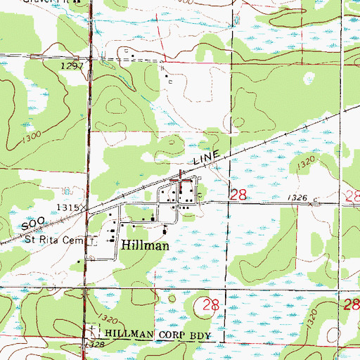 Topographic Map of Hillman (historical), MN
