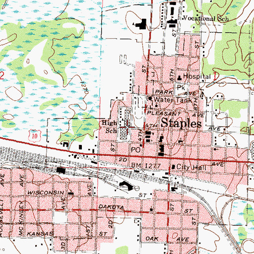 Topographic Map of Staples Motley High School, MN