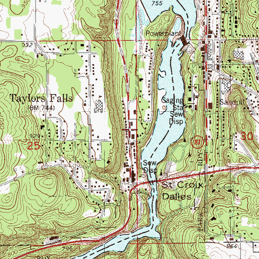 Topographic Map of Taylors Falls Post Office, MN