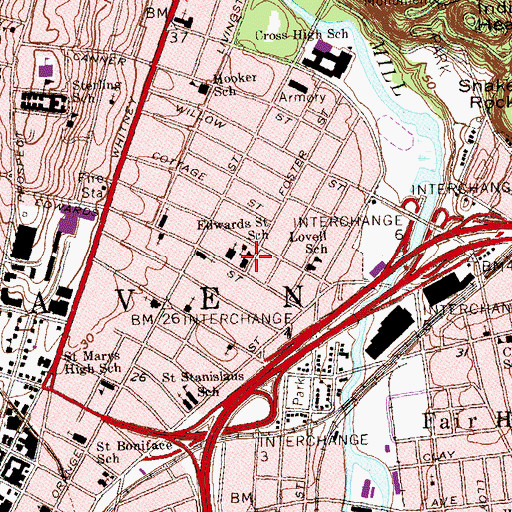 Topographic Map of Edwards Street School, CT