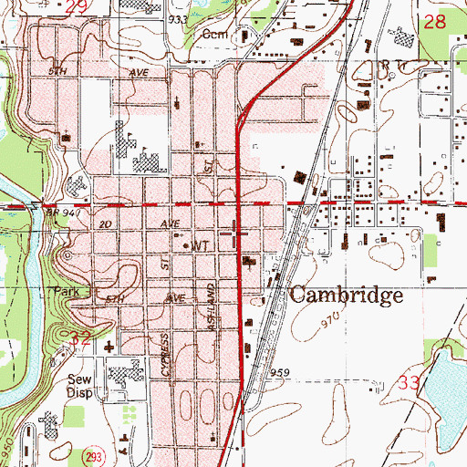 Topographic Map of Cambridge Post Office, MN