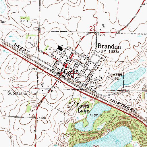 Topographic Map of Brandon Post Office, MN