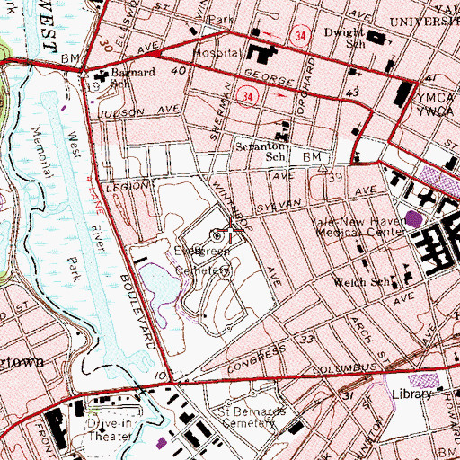 Topographic Map of Evergreen Cemetery, CT