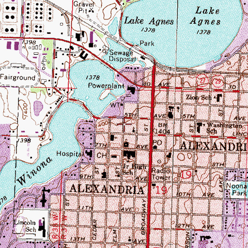 Topographic Map of Alexandria Post Office, MN