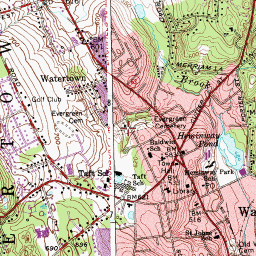 Topographic Map of Evergreen Cemetery, CT