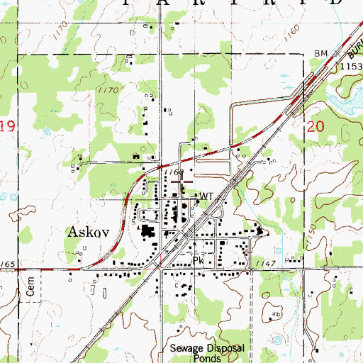 Topographic Map of Askov Volunteer Fire Department, MN