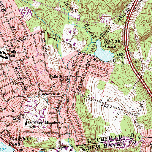 Topographic Map of Falls Avenue School, CT