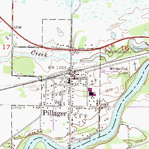 Topographic Map of Pillager Post Office, MN