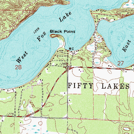 Topographic Map of Fifty Lakes City Hall, MN