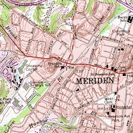 Topographic Map of Benjamin Franklin School, CT
