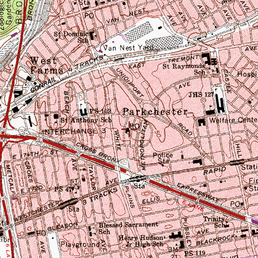 Topographic Map of Parkchester Station Bronx Post Office, NY