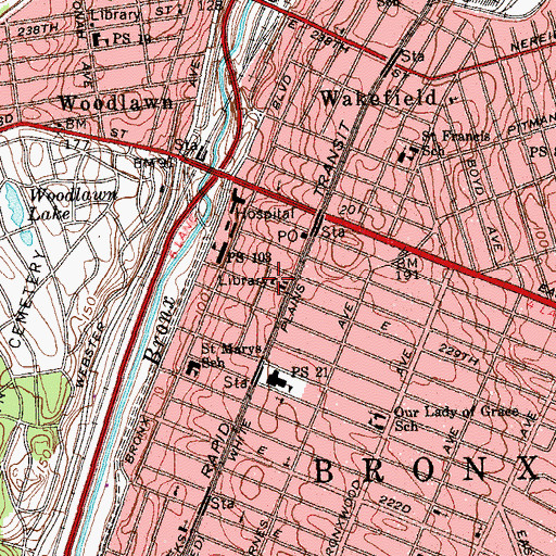 Topographic Map of Wakefield Branch New York Public Library, NY