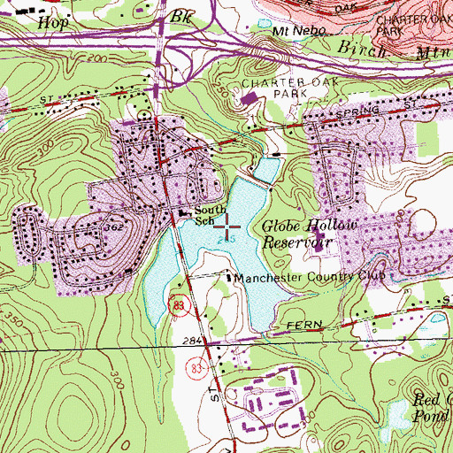 Topographic Map of Globe Hollow Reservoir, CT