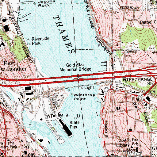 Topographic Map of Gold Star Memorial Bridge, CT