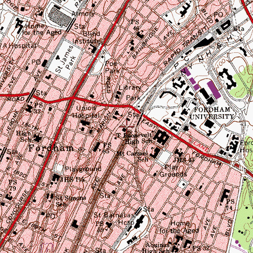 Topographic Map of Fordham Station Bronx Post Office, NY