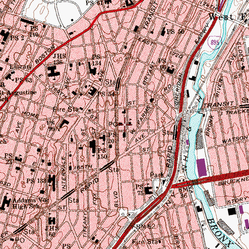 Topographic Map of Fox Street Station Bronx Post Office, NY
