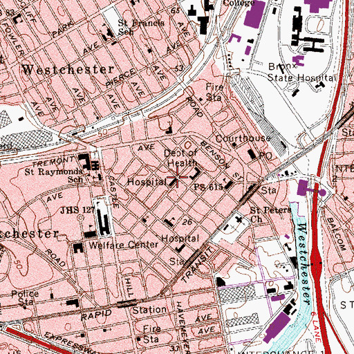 Topographic Map of Montefiore Westchester Square Campus Medical Center, NY