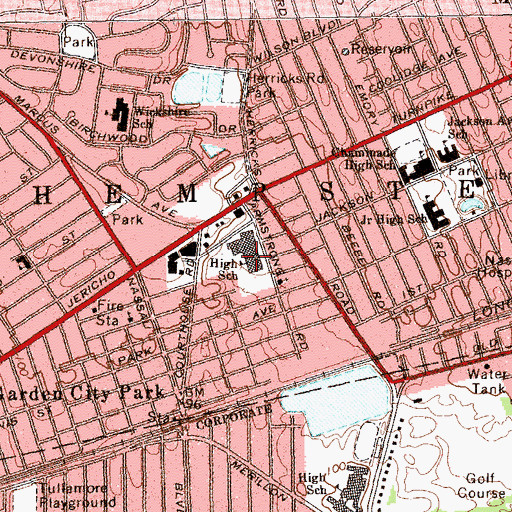 Topographic Map of Mineola High School, NY