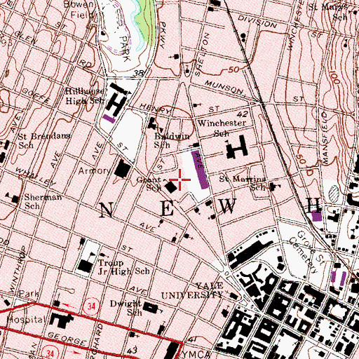 Topographic Map of Helene Grant School, CT
