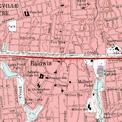Topographic Map of Baldwin Post Office, NY