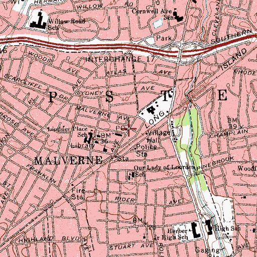 Topographic Map of Malverne Post Office, NY