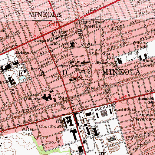 Topographic Map of Mineola Post Office, NY
