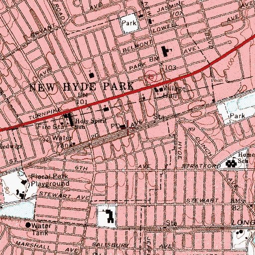 Topographic Map of New Hyde Park Main Post Office, NY