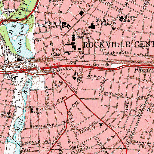 Topographic Map of Rockville Centre Post Office, NY