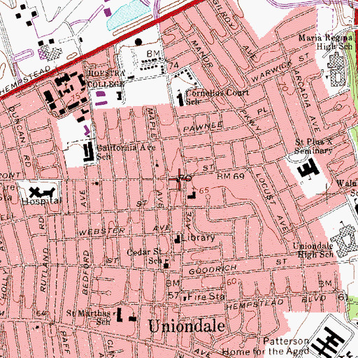 Topographic Map of Uniondale Post Office, NY
